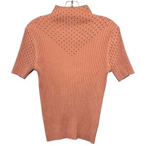 Truth High-Neck Ribbed Knit Top Large Coral Elevated Casual Short Sleeve Shirt